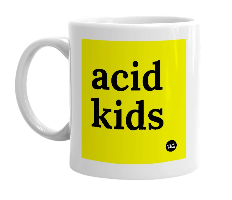 White mug with 'acid kids' in bold black letters