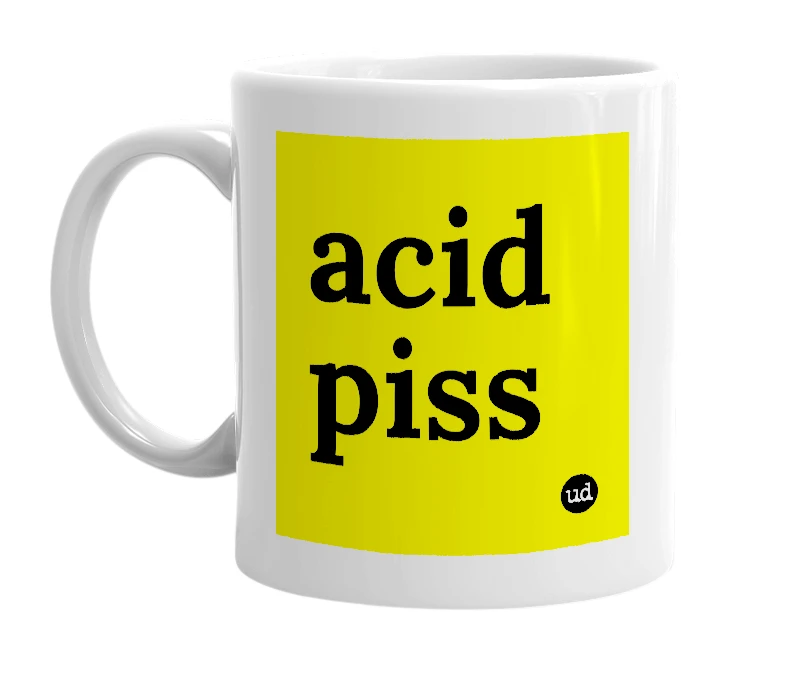 White mug with 'acid piss' in bold black letters