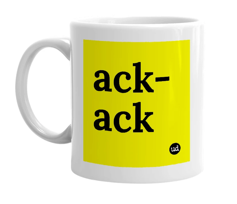 White mug with 'ack-ack' in bold black letters
