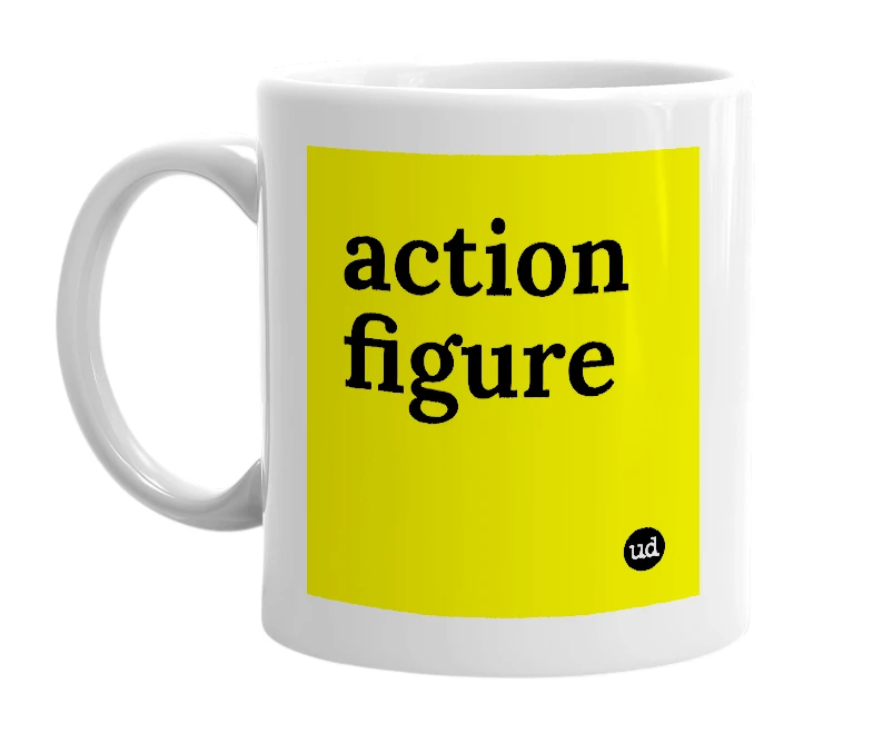 White mug with 'action figure' in bold black letters