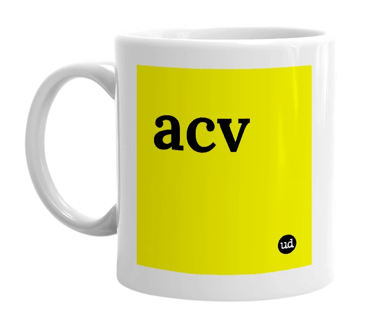 White mug with 'acv' in bold black letters