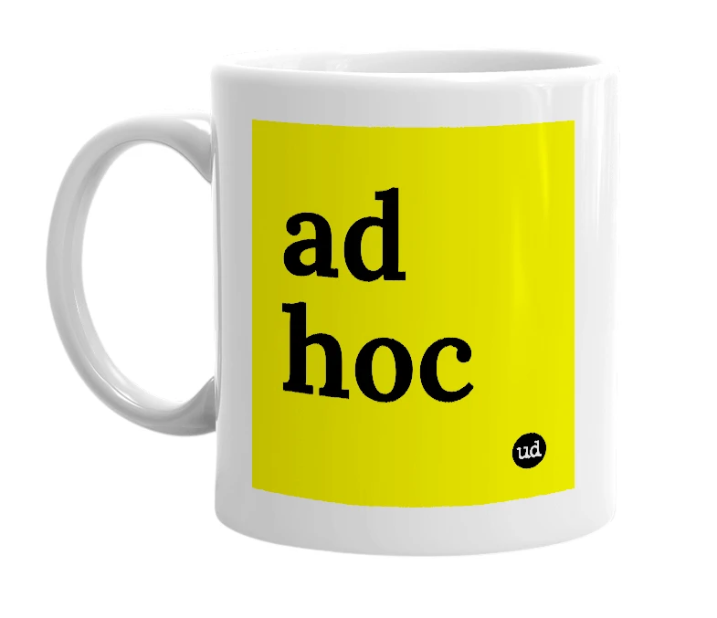 White mug with 'ad hoc' in bold black letters