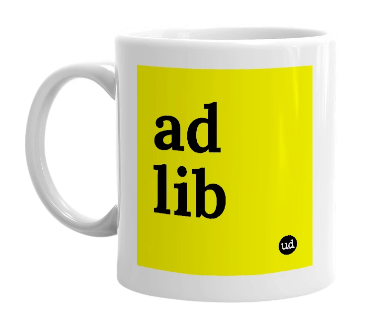 White mug with 'ad lib' in bold black letters