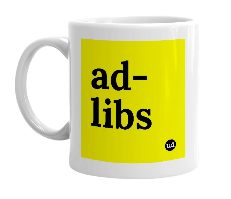 White mug with 'ad-libs' in bold black letters