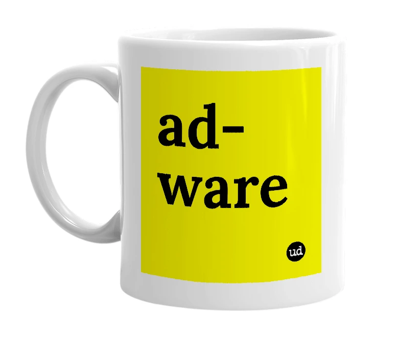 White mug with 'ad-ware' in bold black letters