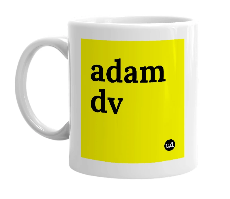 White mug with 'adam dv' in bold black letters