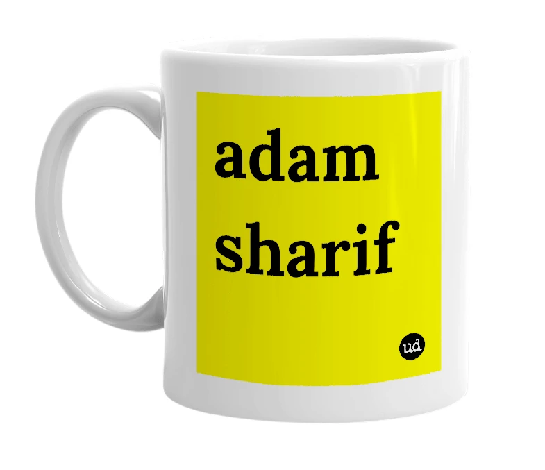 White mug with 'adam sharif' in bold black letters