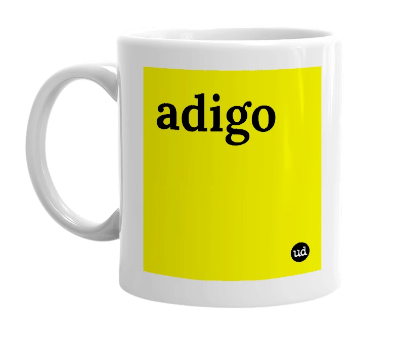 White mug with 'adigo' in bold black letters