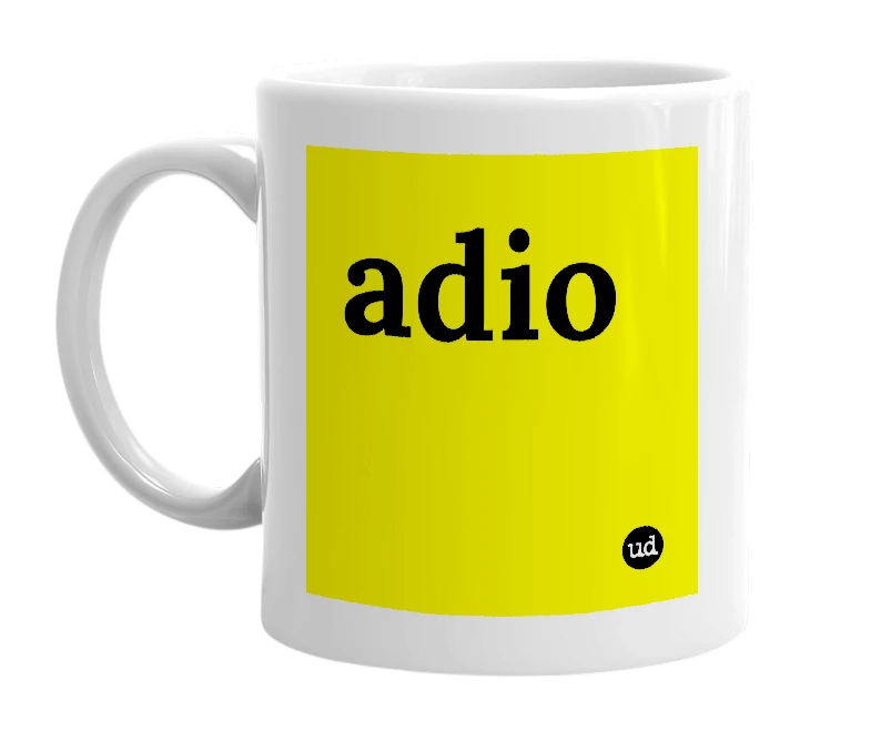 White mug with 'adio' in bold black letters