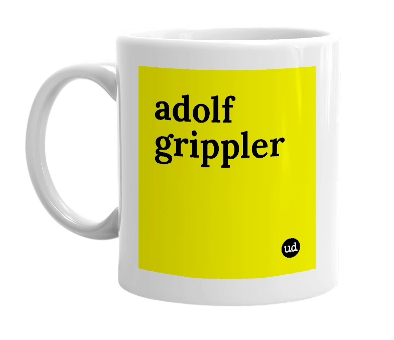 White mug with 'adolf grippler' in bold black letters