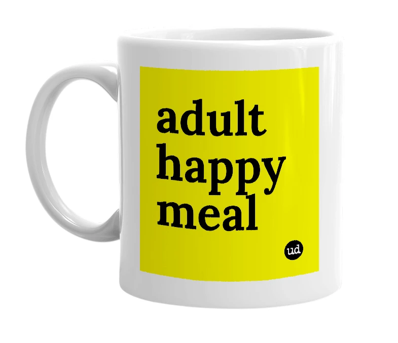 White mug with 'adult happy meal' in bold black letters