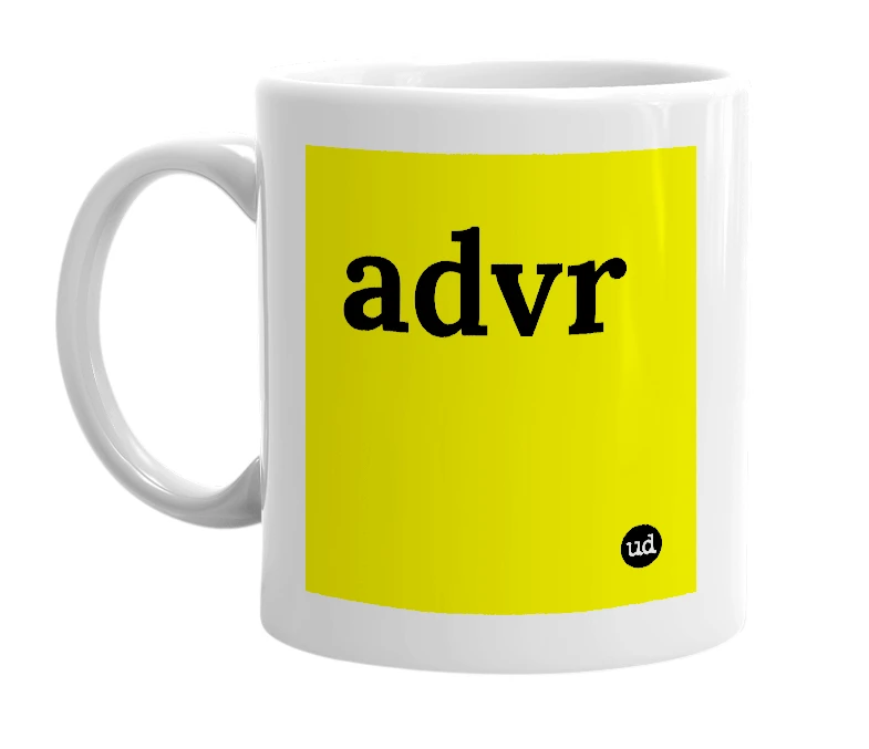 White mug with 'advr' in bold black letters