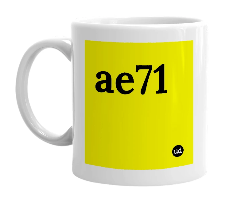 White mug with 'ae71' in bold black letters