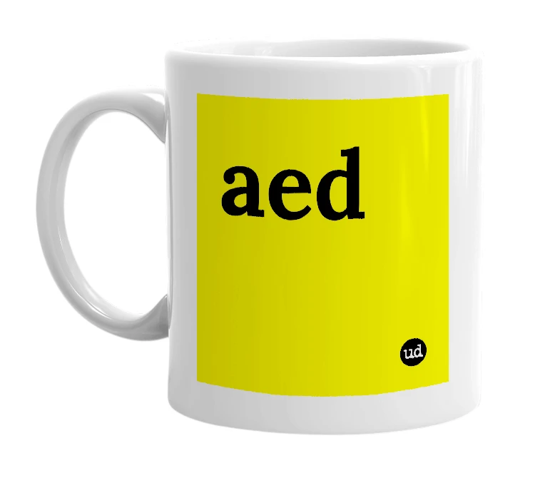 White mug with 'aed' in bold black letters