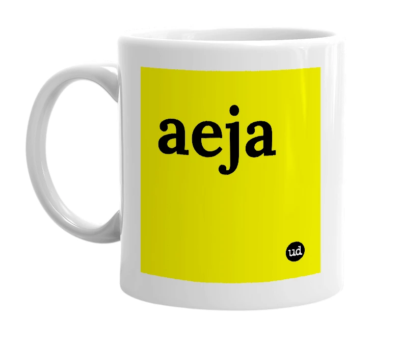 White mug with 'aeja' in bold black letters