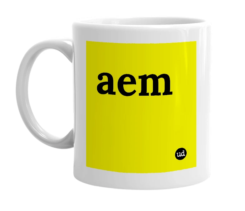 White mug with 'aem' in bold black letters