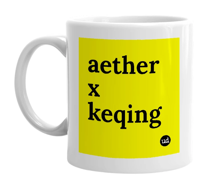 White mug with 'aether x keqing' in bold black letters