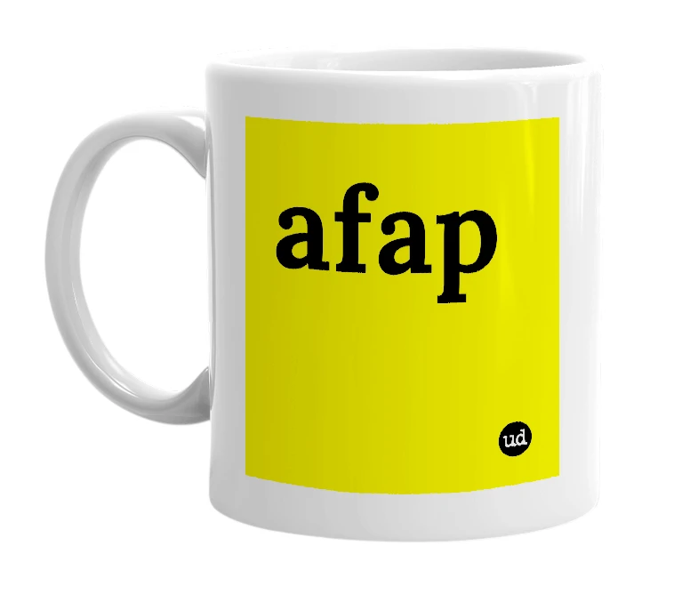 White mug with 'afap' in bold black letters