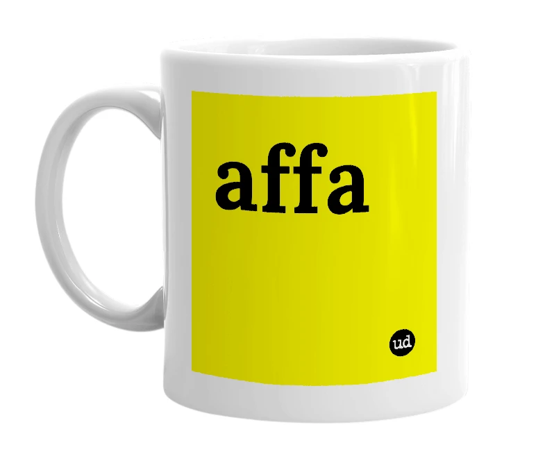 White mug with 'affa' in bold black letters