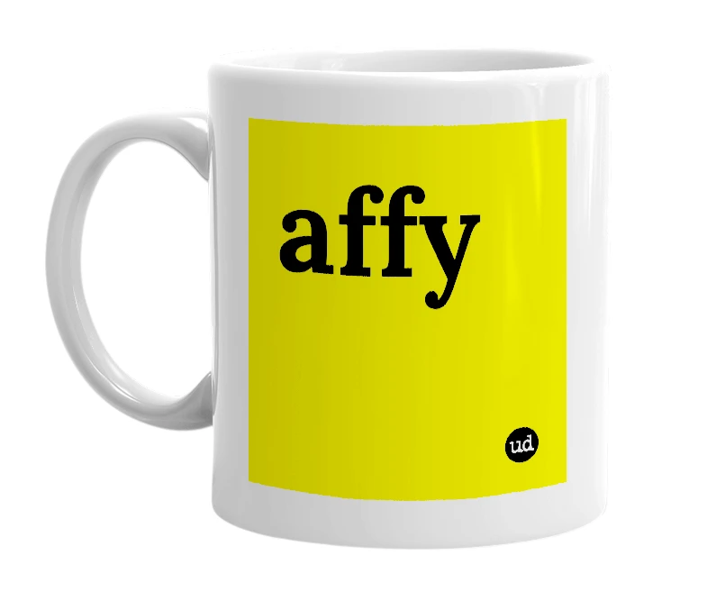 White mug with 'affy' in bold black letters