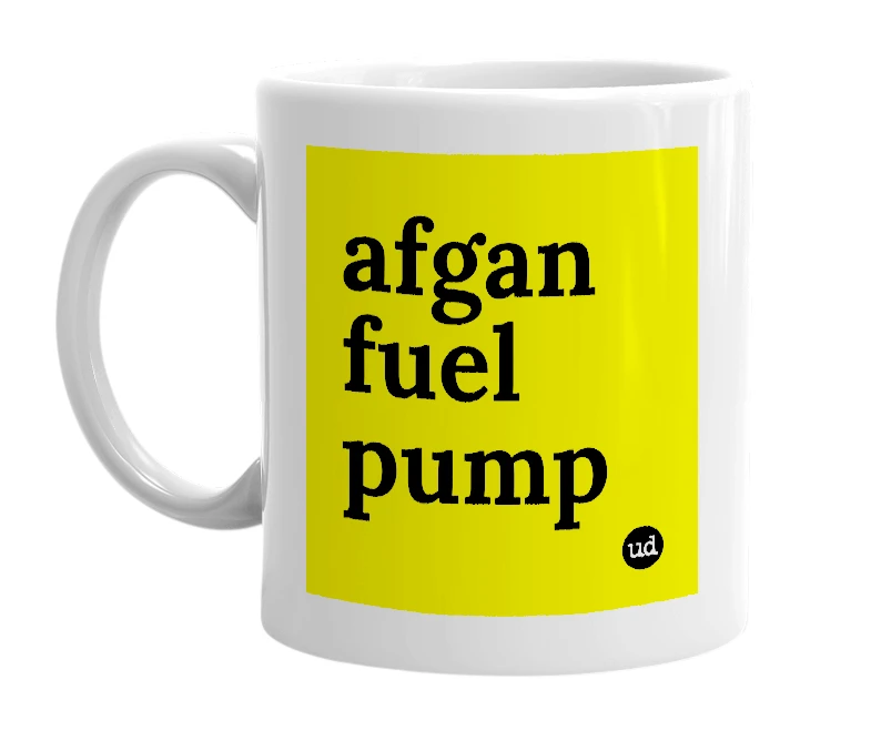White mug with 'afgan fuel pump' in bold black letters