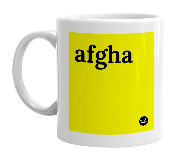 White mug with 'afgha' in bold black letters