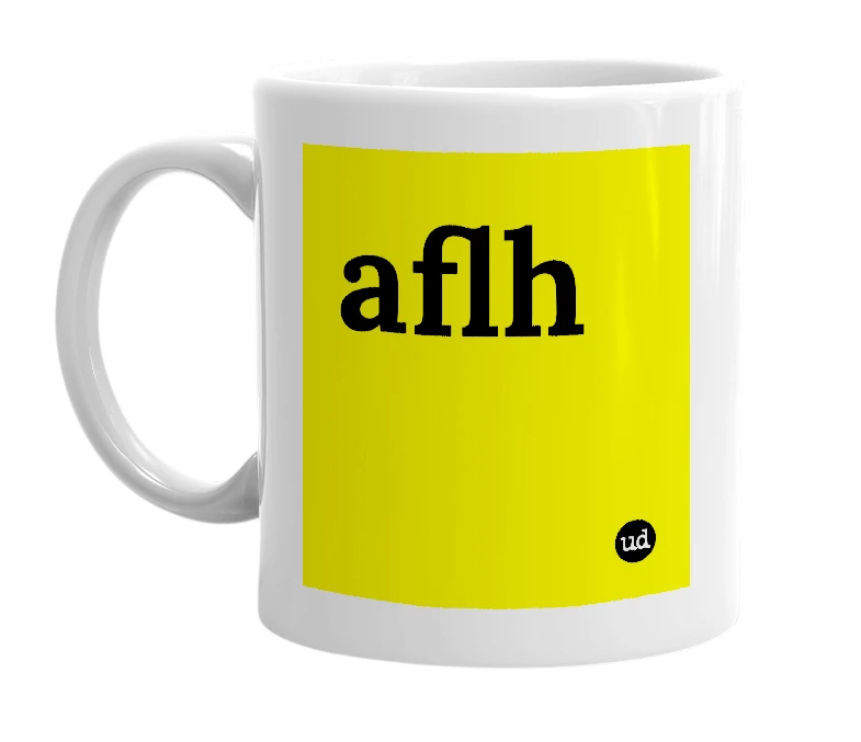 White mug with 'aflh' in bold black letters