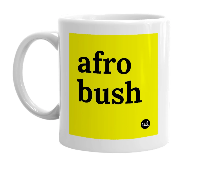 White mug with 'afro bush' in bold black letters