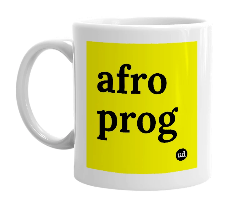 White mug with 'afro prog' in bold black letters