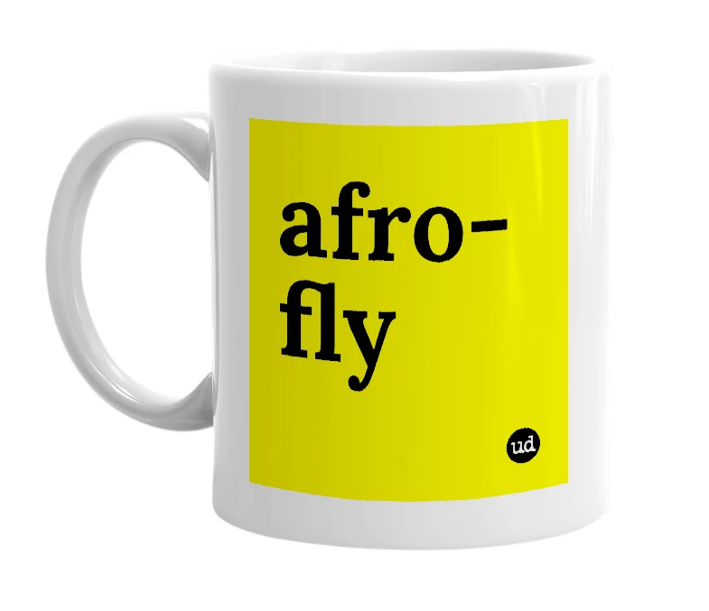 White mug with 'afro-fly' in bold black letters