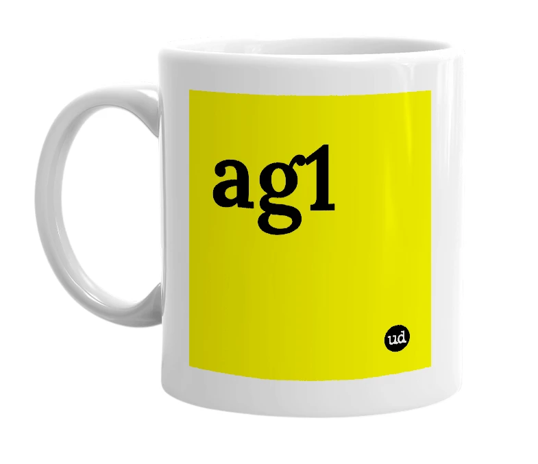 White mug with 'ag1' in bold black letters