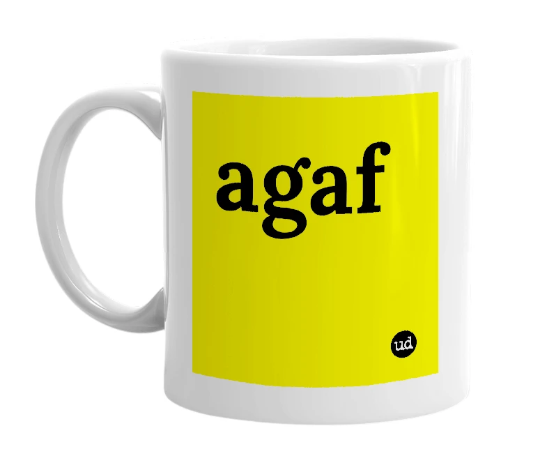 White mug with 'agaf' in bold black letters