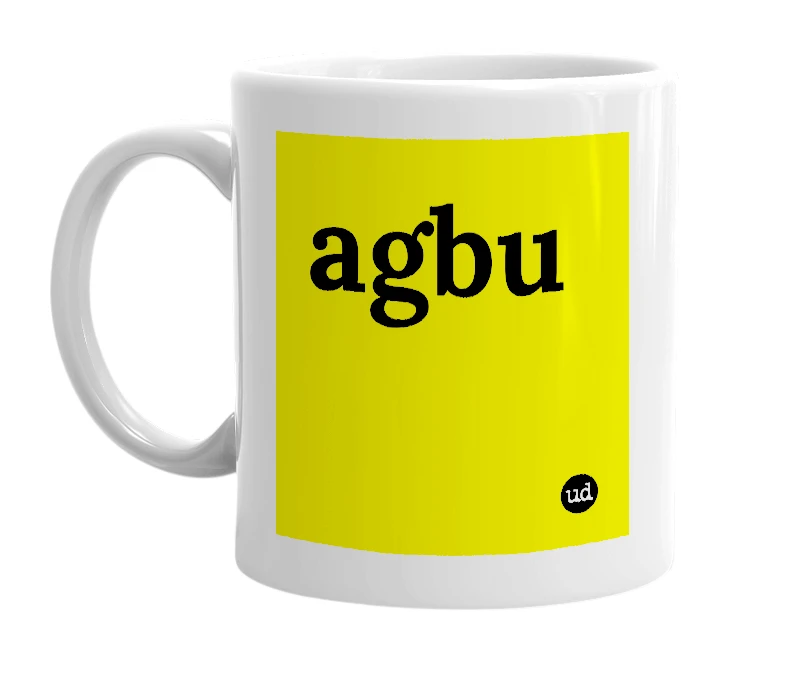 White mug with 'agbu' in bold black letters