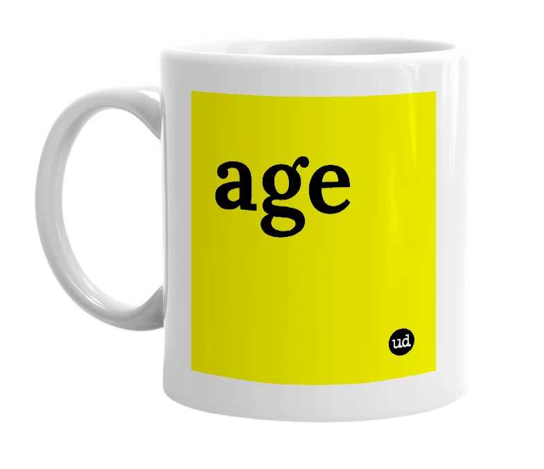 White mug with 'age' in bold black letters