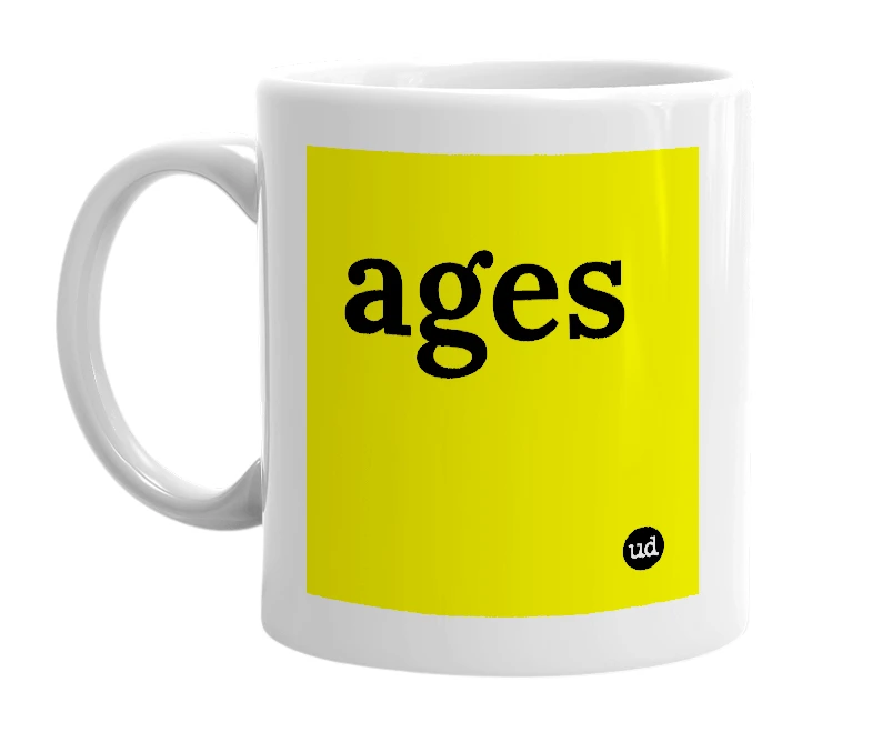 White mug with 'ages' in bold black letters