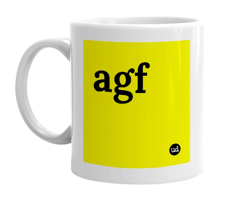 White mug with 'agf' in bold black letters