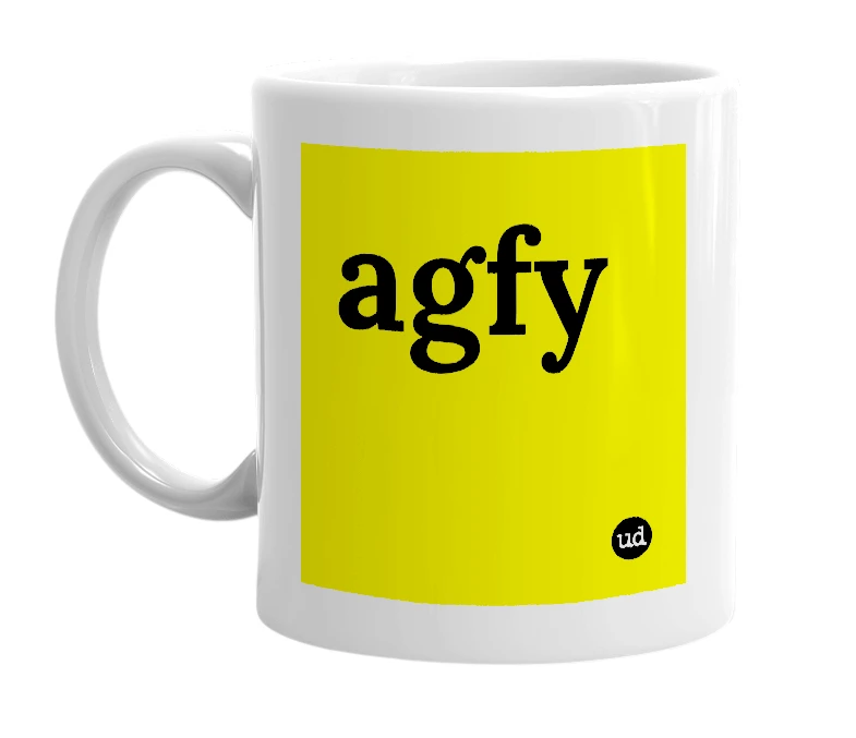 White mug with 'agfy' in bold black letters