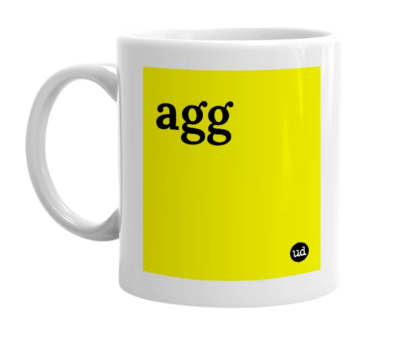 White mug with 'agg' in bold black letters