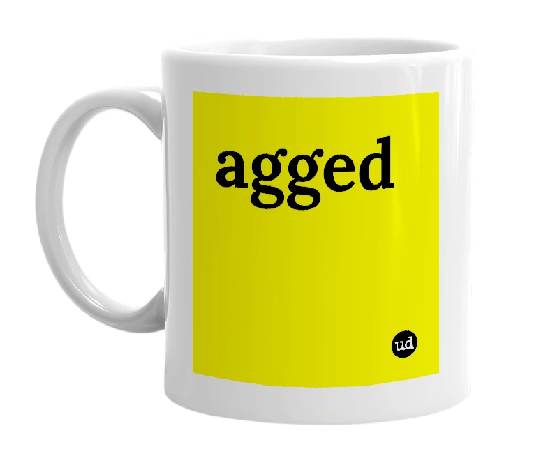 White mug with 'agged' in bold black letters