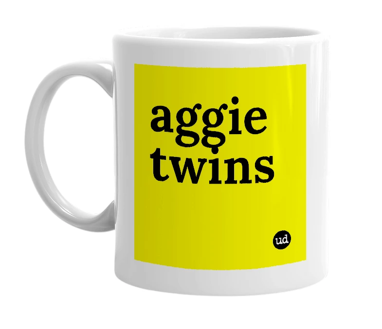 White mug with 'aggie twins' in bold black letters