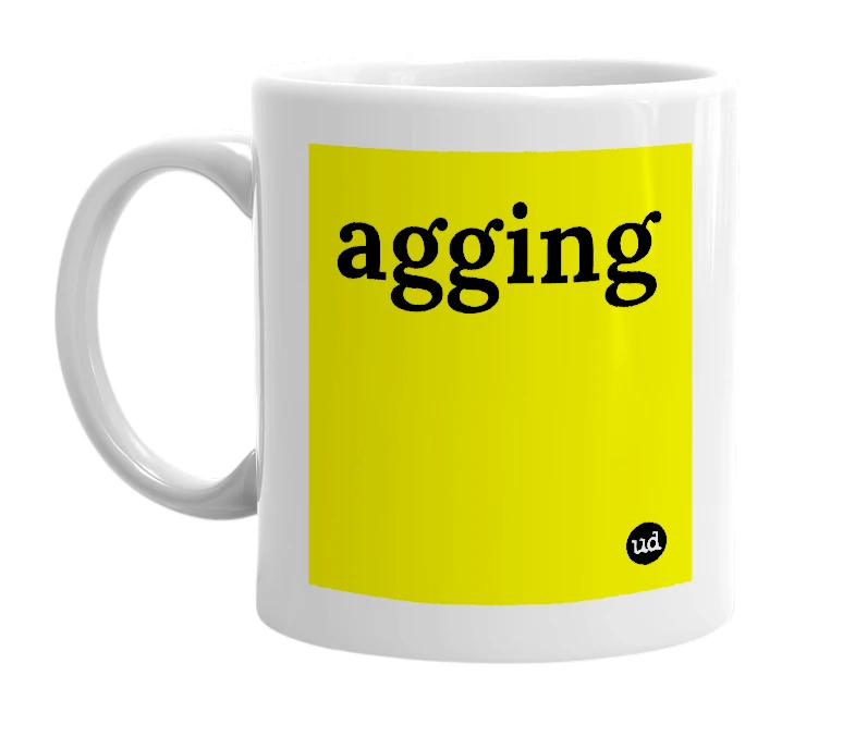 White mug with 'agging' in bold black letters