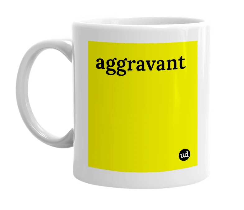 White mug with 'aggravant' in bold black letters