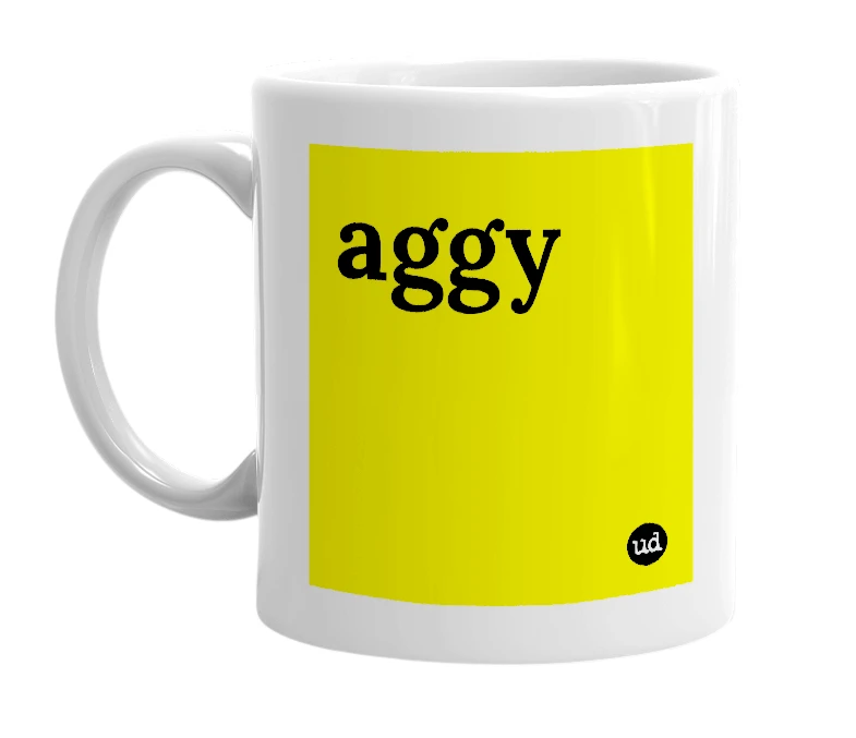 White mug with 'aggy' in bold black letters