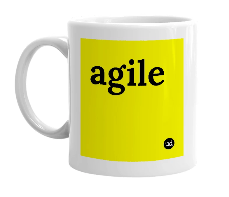 White mug with 'agile' in bold black letters