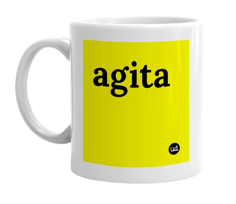 White mug with 'agita' in bold black letters