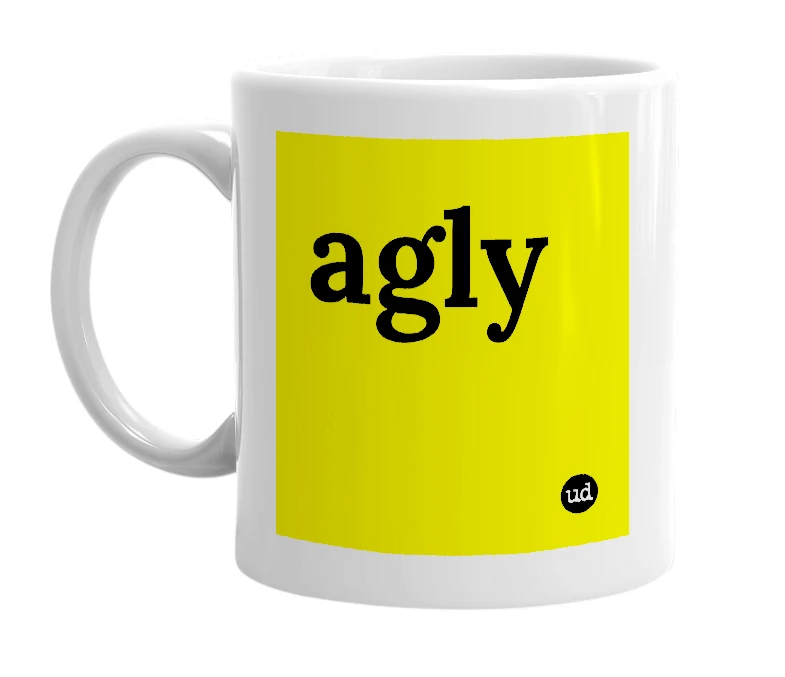 White mug with 'agly' in bold black letters