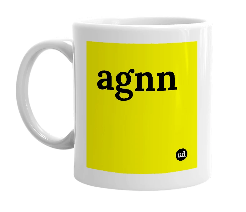 White mug with 'agnn' in bold black letters