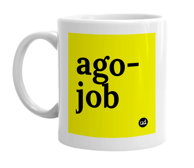 White mug with 'ago-job' in bold black letters