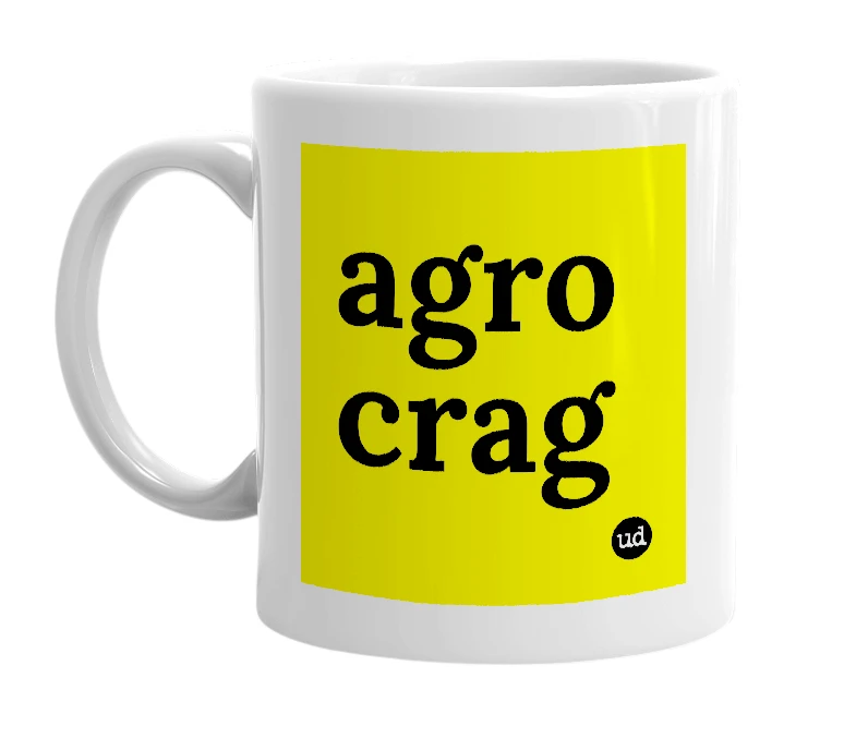 White mug with 'agro crag' in bold black letters