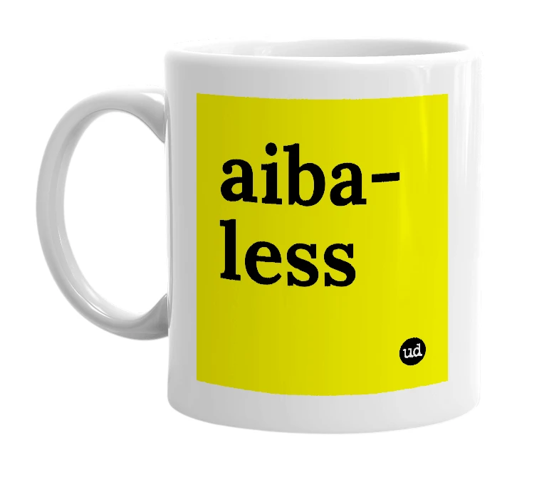 White mug with 'aiba-less' in bold black letters